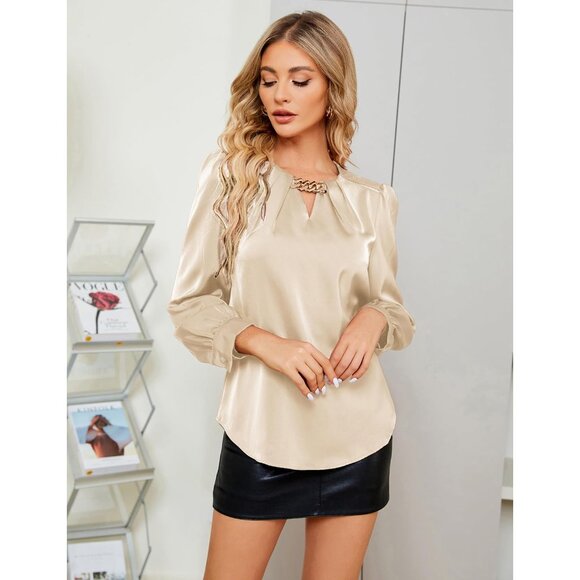 Chic Long Sleeve Satin Silk Top for Women - Elegant Hip-Length Blouse in Apricot - Picture 4 of 9